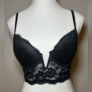 Forever 21 Black Lace Longline Bralette Bra Bustier Crop Top Corset Goth Sexy S